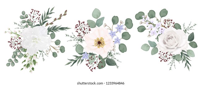 Set Bouquets With Leaves And Flowers, Watercolor, Isolated On White. Vector Watercolour.