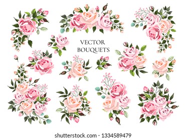 Set of bouquets pale pink and peachy flower roses with green leaves. Floral branch flowers arrangements for wedding invitation save the date or greeting card design. Vector illustration