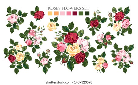Set of bouquets pale pink red yellow roses flower buds with green leaves. Floral branch arrangements for wedding invitation save the date greeting card design. Botanical vector illustration Set of bouquets pale pink red yellow roses flower buds with green leaves. Floral branch arrangements for wedding invitation save the date greeting card design. Botanical vector illustration
