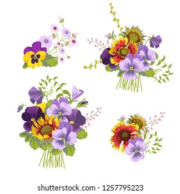 Set of bouquets with pansies isolated on a white background. Vector illustration