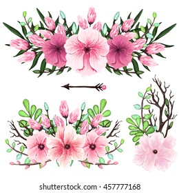 Set of Bouquets with Pink Flowers, Tree Branches and Green Leaves, Vector Illustration with Watercolor Effect