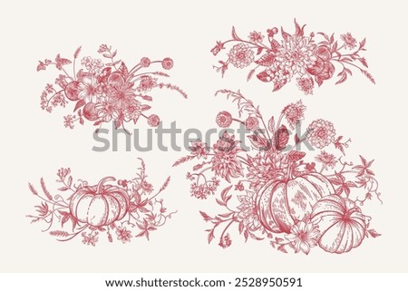 Set with bouquets of pumpkins, flowers, ears of corn and berries. Floral arrangements. Engraving style. Red