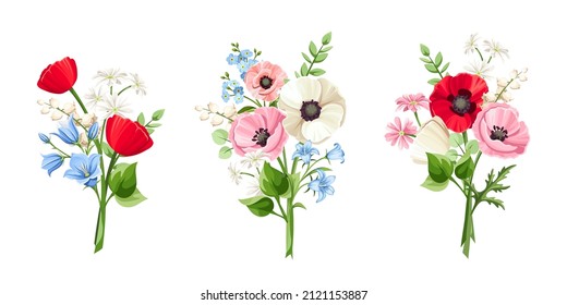 Set of bouquets of red, pink, blue, and white poppy, forget-me-not, bluebell, and lily of the valley flowers isolated on a white background. Vector illustration