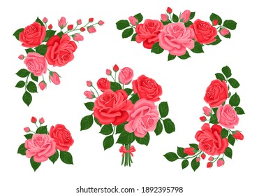 Set of bouquets of red and pink roses and buds. Collection of floral elements for design greeting cards. Vector cartoon flat illustrations.