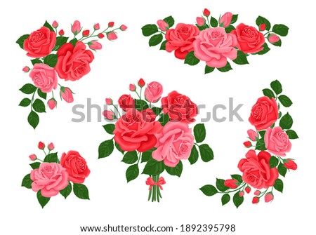 Set of bouquets of red and pink roses and buds. Collection of floral elements for design greeting cards. Vector cartoon flat illustrations.