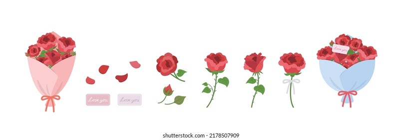 Set of bouquets of red roses, congratulation gift for wedding or valentine's day or birthday or mother's day, illustration vector of flowers
​