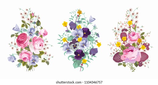 Set of bouquets with rose, pansies, episcia isolated on a white background. Vector illustration. Violet, pink, yellow flowers