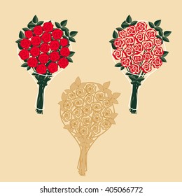 Set Bouquets of Roses Isolated.
