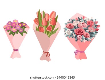 A set of bouquets of roses, tulips, and primroses. Decorative bouquet tied with a ribbon. Plants icon. Bright flowers are isolated on a white background. Vector illustration.