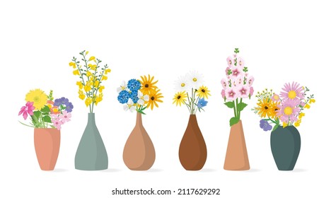 A set of bouquets of spring flowers in clay vases.Vector illustration.