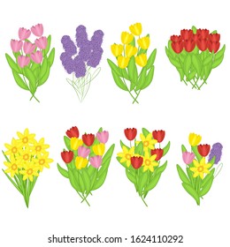 Set of bouquets of spring flowers in a flat style isolated on white background. Stock vector illustration for decoration and design, packaging, Easter, cards, banners, posters, web pages, invitations 