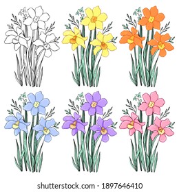 Set of bouquets of spring flowers. Line art. Vector graphics. Isolated elements.
