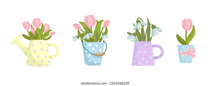 Set of bouquets with spring flowers tulip,snowdrop,crocuses in vintage vases.Cartoon vector graphic.