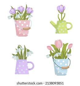 Set of bouquets of spring flowers in vases, in vintage buckets.Cartoon vector graphics.