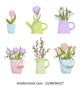 Set of bouquets of spring flowers in vintage buckets.Cartoon vector graphics.