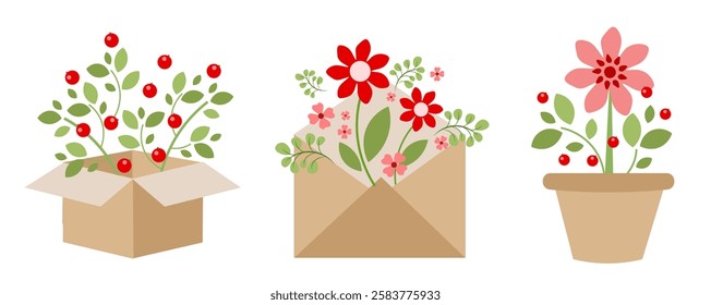 A set of bouquets of spring, red flowers on a white background. Greeting card. Box with berries, envelope with flowers, flower flowerpot with flower and berries