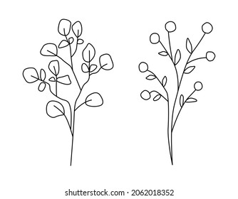 A set of bouquets of stylized plants. For festive seasonal decoration of cards, invitations, notebooks, stickers, posters. Vector illustration hand drawn in outline style doodle.