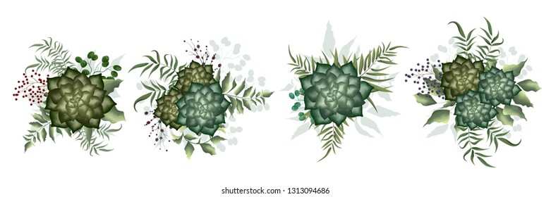 A set of bouquets of succulents, green plants, berries. Elements for a wedding cake design. All elements are isolated.
