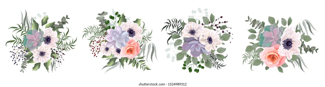 A set of bouquets of succulents, green plants, berries, anemone flowers, pink rose, eucalyptus. Elements for a wedding cake design. All elements are isolated.