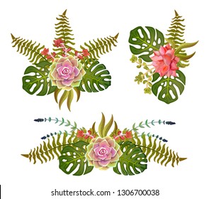 set of bouquets of succulents in green tones, illustration of floral elements, can be used for greeting card or wedding invitation, natural cosmetics, health care, yoga center and other design