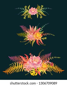set of bouquets of succulents in warm colours, vector illustration, can be used for frames, greeting card or wedding invitation, notepads, natural cosmetics, health care, yoga center and other design