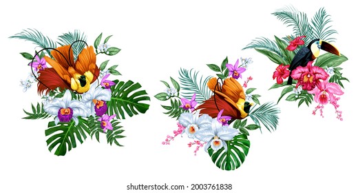 Set of bouquets with tropical flowers and birds