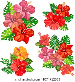 set of bouquets with tropical flowers.vector
