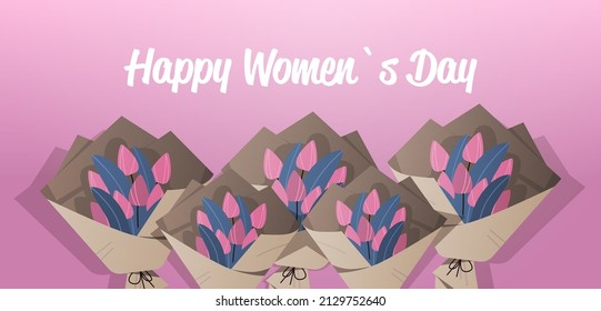 set bouquets of tulip flowers 8 march happy womens day celebration concept greeting card