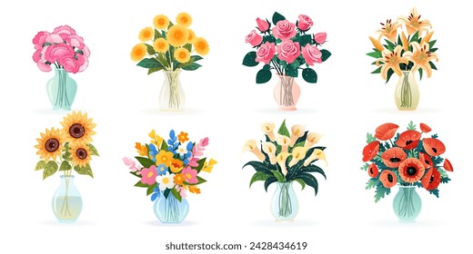 Set of bouquets in vases with spring and summer various flowers, isolated vector illustrations on white for birthday invitations, Women's Day, Mother's Day, wedding cards. Floral design, clip-art.