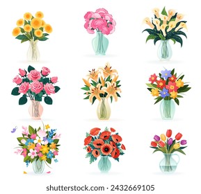 Set von Sträußen in Vasen mit Frühling und Sommer verschiedene Blumen, isolierte Vektor-Illustrationen auf Weiß für Geburtstagseinladungen, Frauentag, Muttertag, Hochzeitskarten. Blumendesign, Clip-Art.