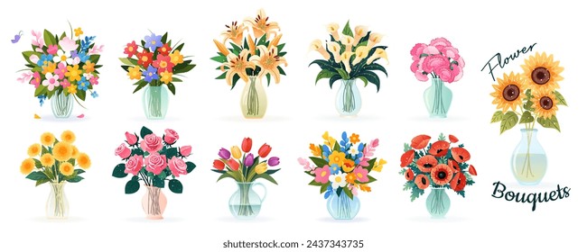 Set von Sträußen in Vasen mit Frühling und Sommer verschiedene Blumen, isolierte Vektor-Illustrationen auf Weiß für Geburtstagseinladungen, Frauentag, Muttertag, Hochzeitskarten. Blumendesign, Clip-Art.