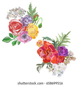 Set of bouquets. Vector illustration on white background. Flowers of poppies, peonies, gypsophila.