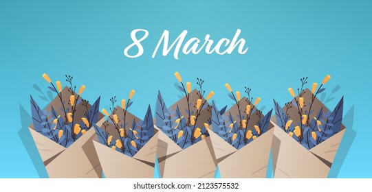 set bouquets of yellow flowers 8 march happy womens day celebration concept greeting card horizontal