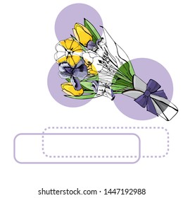 Set of  bouquets with yellow tulips and viollet iris, lilac circles and frames . Hand drawn ink and colored  sketch. Vector illustation.