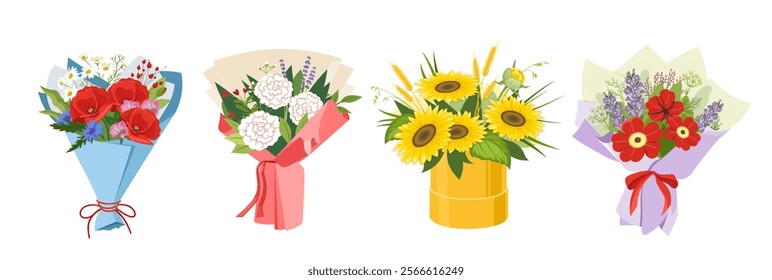 Set of bouquets. Yellow, white and red flowers. Bloom and blossom plants. Romantic gift or present. Tenderness and elegance. Flat vector collection isolated on white background