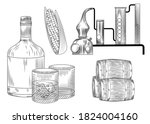 Set of bourbon. Glass and bottle, corn, barrel, alembic, ice. Engraving vintage style vector illustration.