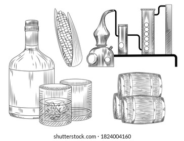 Set Of Bourbon. Glass And Bottle, Corn, Barrel, Alembic, Ice. Engraving Vintage Style Vector Illustration.