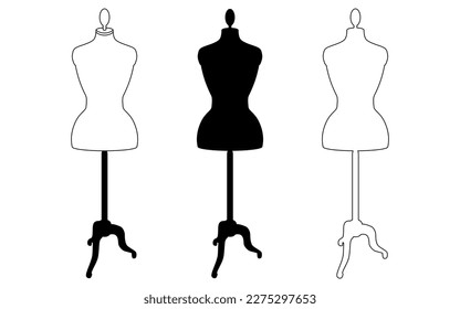 Set of boutique mannequin. Three female manikins, sewing dummies, women torso. Vector illustration.