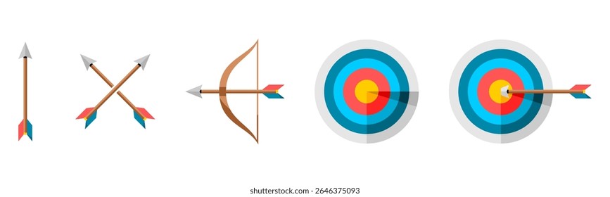Definir arco seta arqueiro tiro alvo ícone plano vetor design