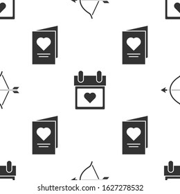Set Bow and arrow, Calendar with heart and Valentines day party flyer with heart on seamless pattern. Vector