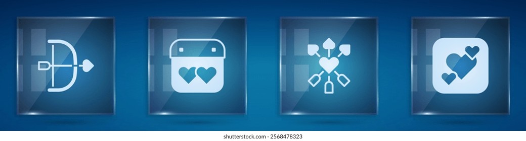 Set Bow and arrow, Calendar with heart, Amour and Heart. Square glass panels. Vector