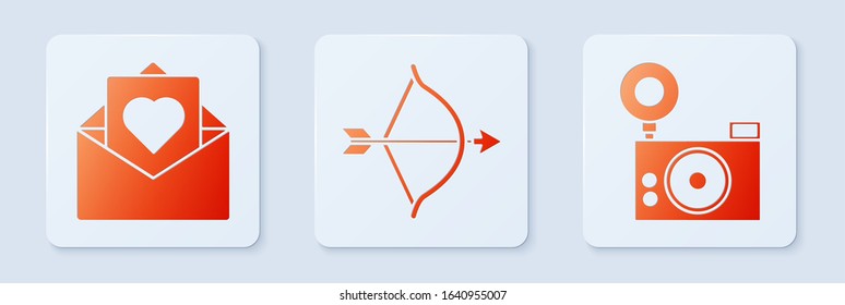 Set Bow and arrow, Envelope with Valentine heart and Photo camera. White square button. Vector