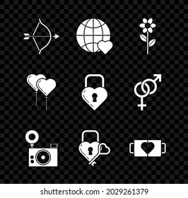 Set Bow and arrow, The heart world love, Flower, Photo Camera, Castle en forma de llave, Two coffee cup, Balloons form with ribbon and icon. Vector