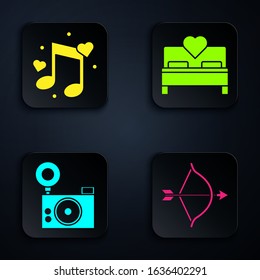 Set Bow and arrow, Music note, tone with hearts, Photo camera and Bedroom. Black square button. Vector
