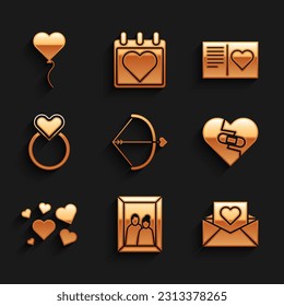 Set Bow and arrow, Picture frame, Envelope with Valentine heart, Healed broken, Heart, Wedding rings, Valentines day flyer and Balloon form of icon. Vector