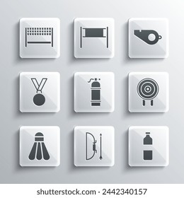 Set Bow and arrow in quiver, Bottle of water, Target sport, Aqualung, Badminton shuttlecock, Medal, Ribbon finishing line and Whistle icon. Vector