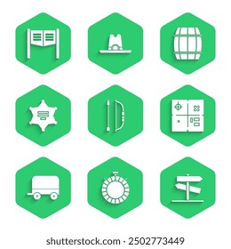 Set Bow and arrow in quiver, Canteen water bottle, Road traffic signpost, Treasure map, Wild west covered wagon, Hexagram sheriff, Wooden barrel and Saloon door icon. Vector