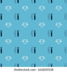 Set Bow and arrow in quiver and Deer antlers on shield on seamless pattern. Vector