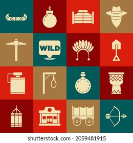Set Bow and arrow in quiver, Drum, Shovel, Saloon door, Pointer to wild west, Pickaxe, Kayak canoe paddle and Indian headdress with feathers icon. Vector