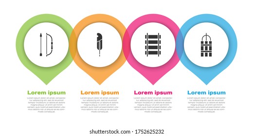 Set Bow and arrow in quiver, Feather pen, Railway, railroad track and Detonate dynamite bomb stick. Business infographic template. Vector